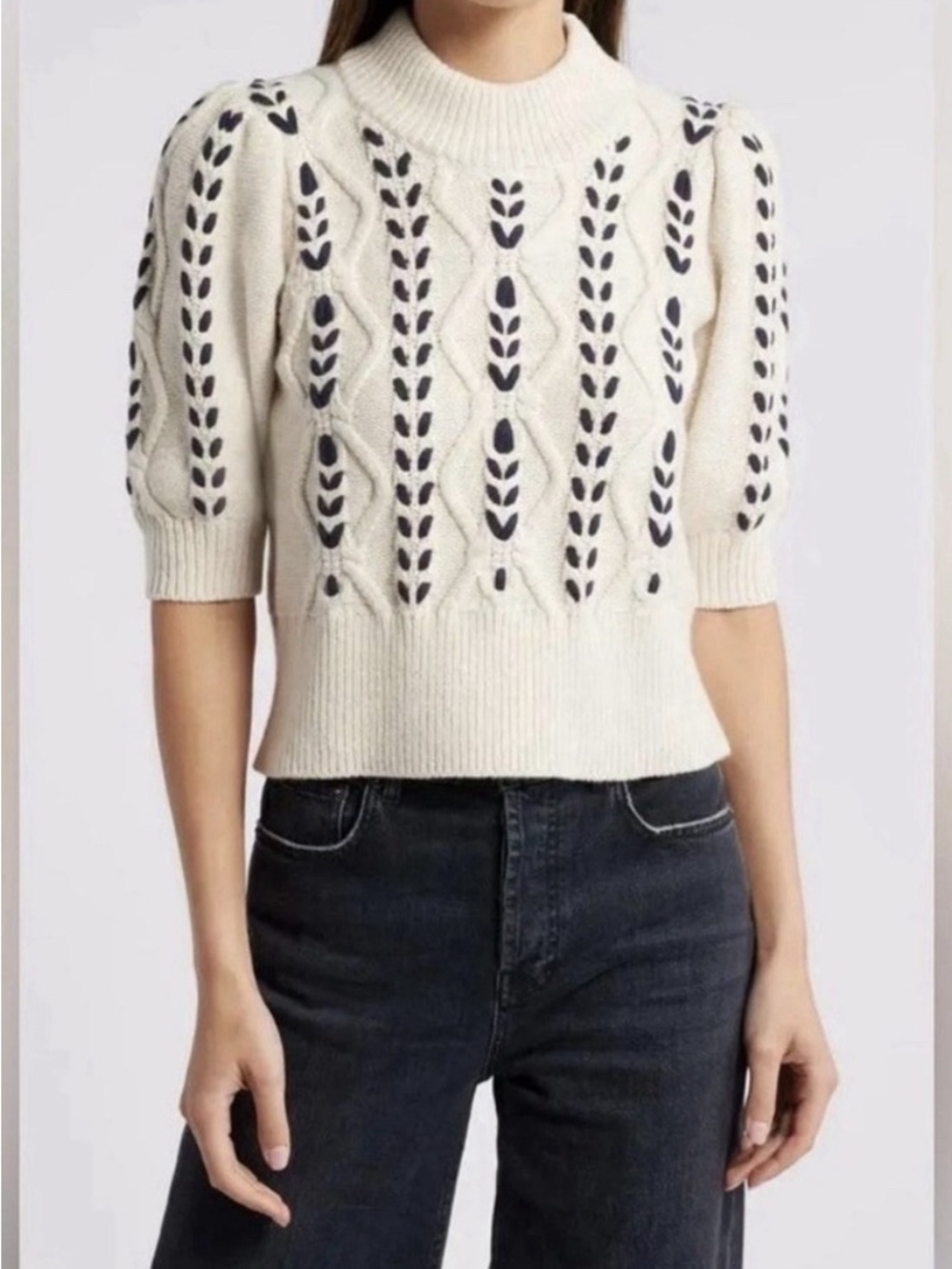 Rails Cream Cable-Knit Turtleneck Sweater with Navy Inset